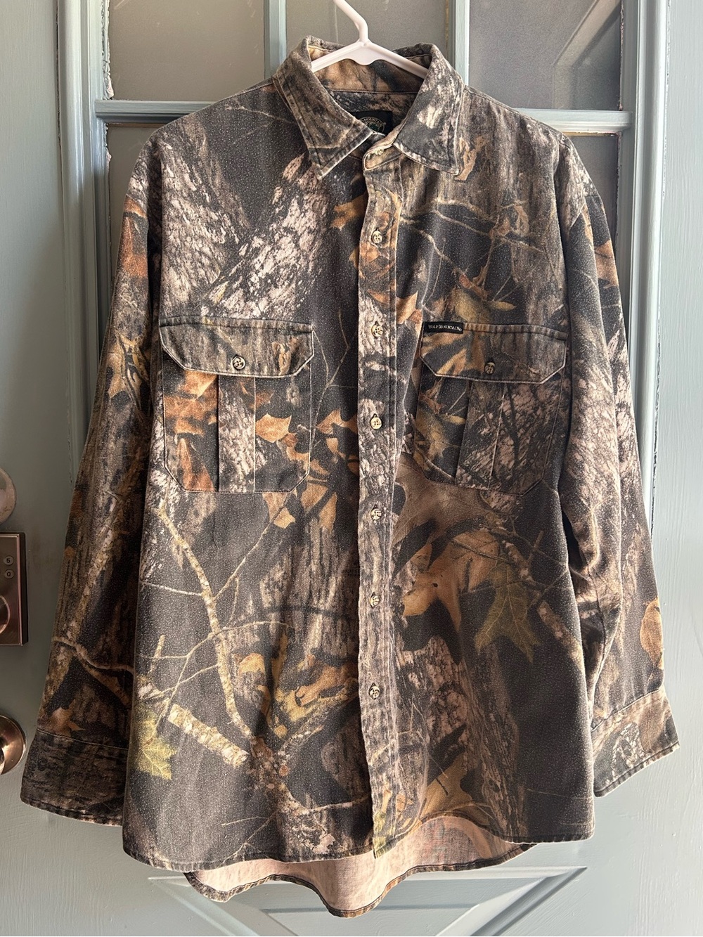 Vintage Green Camo Flannel Wolf Mountain Camouflage Hunting Button Up Mens Large